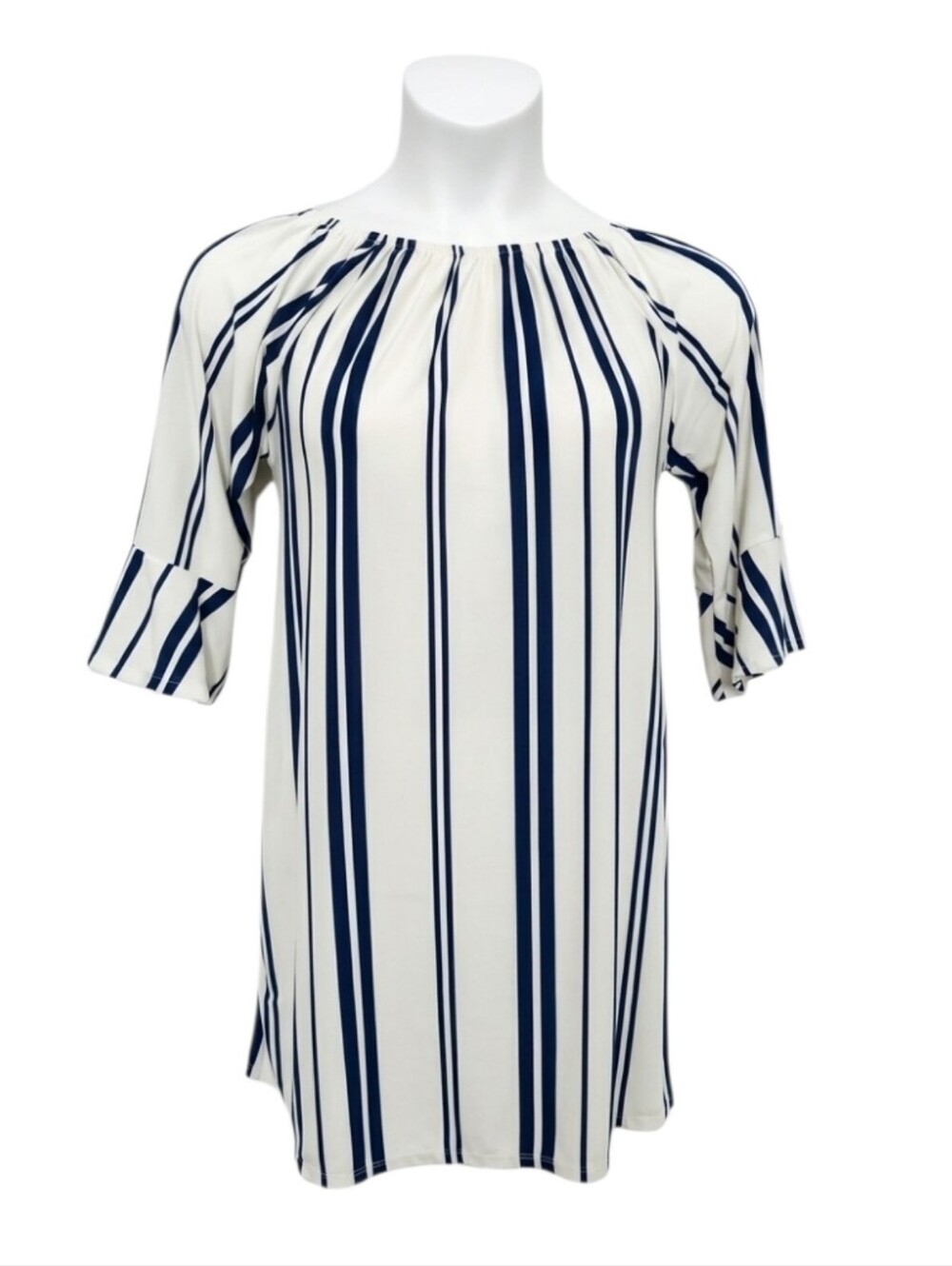 West Loop Womens Medium Tunic Blouse Top White Navy Striped 3/4 Bell Sleeve Boho